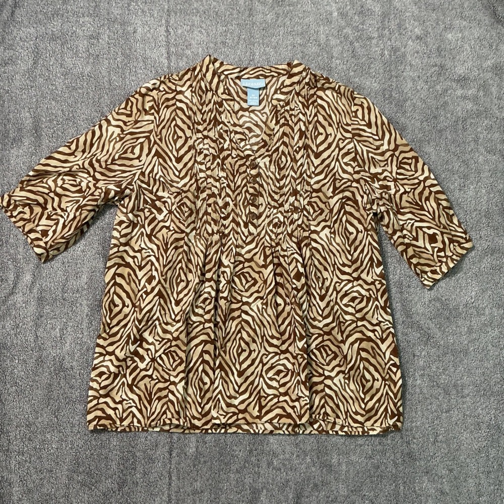 Liz & Me Women 0X 14/16W Zebra Print‎ Cotton Tunic Top Brown Tan 3/4 Sleeve